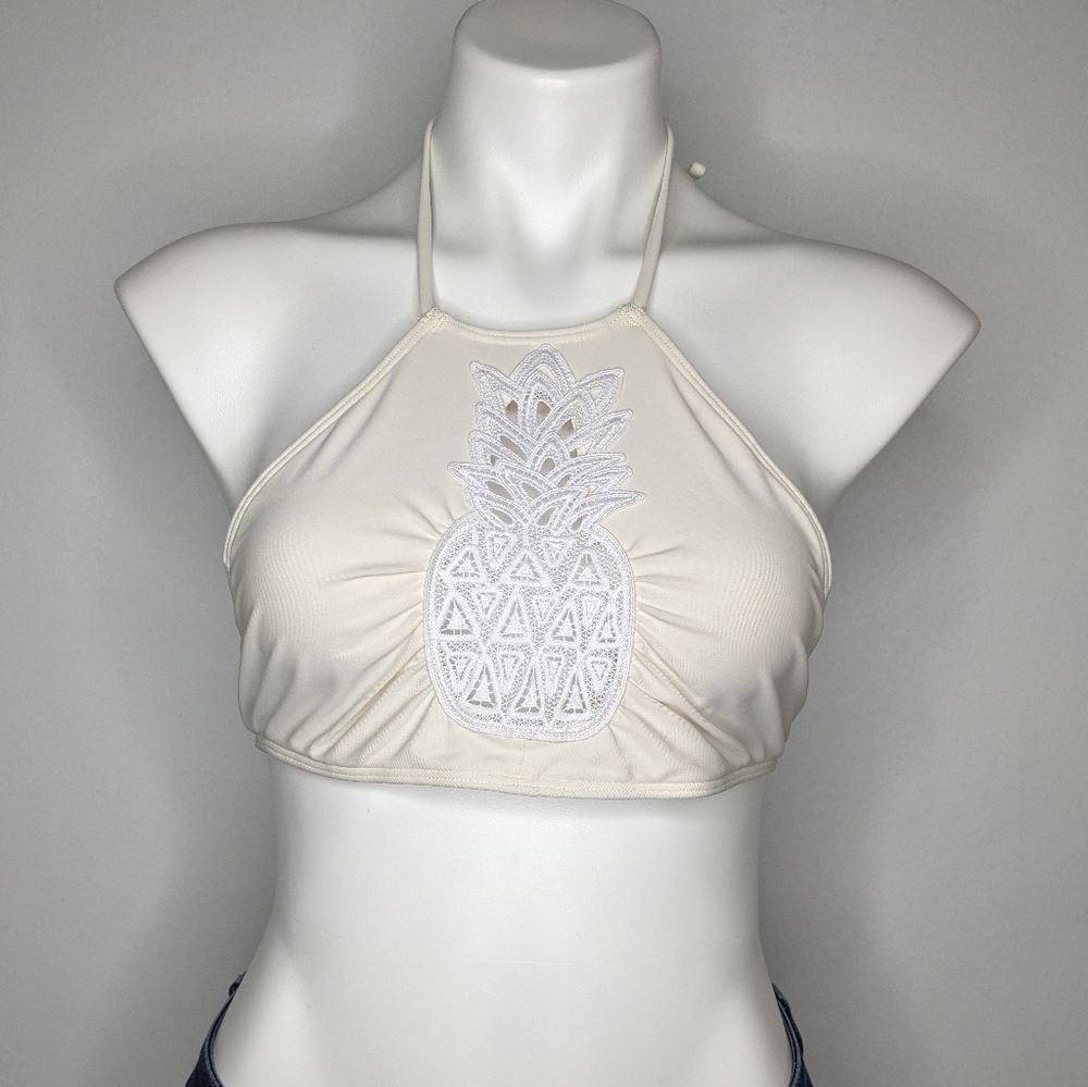aerie Cream White High-Neck Bikini Top w/ Pineapple Design